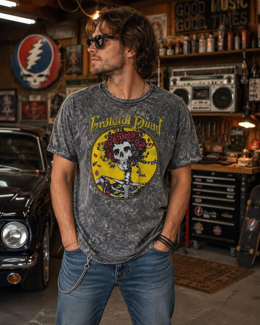 Grateful Dead XL Gray Mineral Wash Skull Roses Skeleton Graphic Band Tee